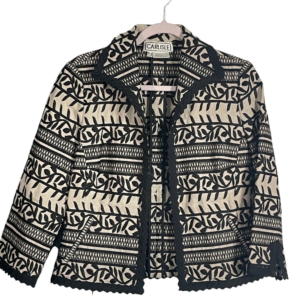 VTG Carlisle Linen Embroidered Textured Jacket Black Ivory Trim‎ Boho Classic 8